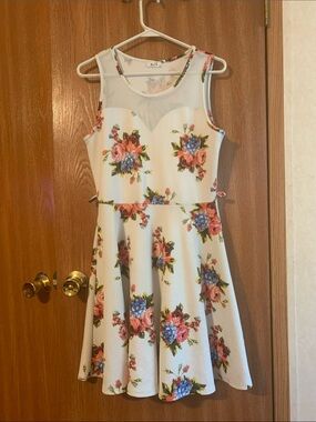Ladies White Floral Mesh Yoke Skater Dress